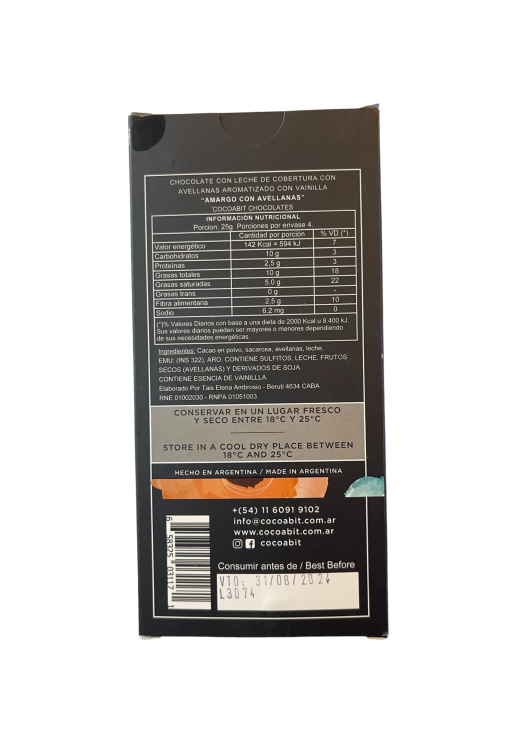 Tableta De Chocolate Semiamargo Con Avellanas 100 Gr
