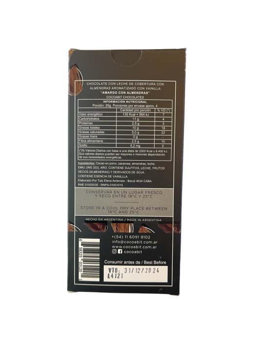 Tableta De Chocolate Semiamargo Con Almendras 100 Gr