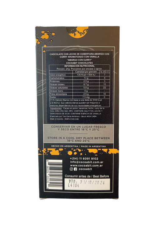 Tableta De Chocolate Semiamargo Con Curry 80 Gr