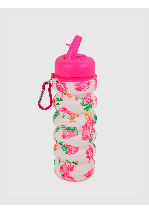Botella Plegable Floreada Tapa Fucsia Silicona 500ml