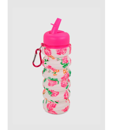 Botella Plegable Floreada Tapa Fucsia Silicona 500ml