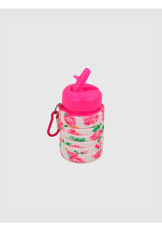 Botella Plegable Floreada Tapa Fucsia Silicona 500ml