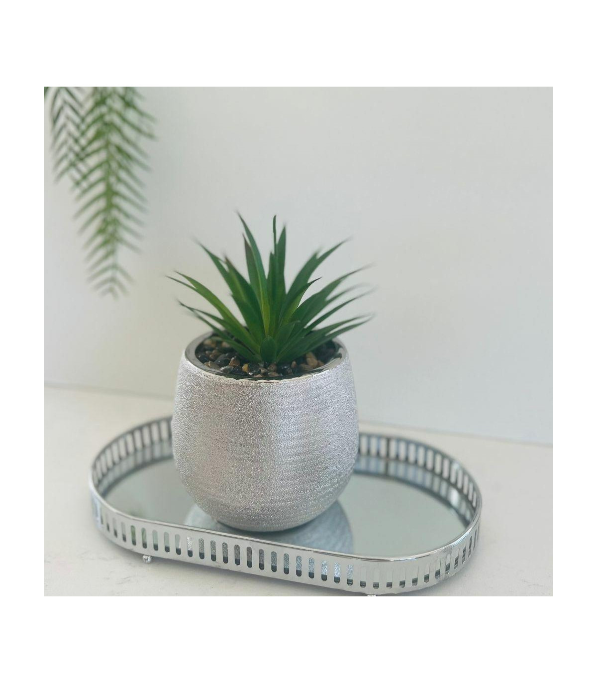 Silver Maceta De Cerámica Con Planta Deco