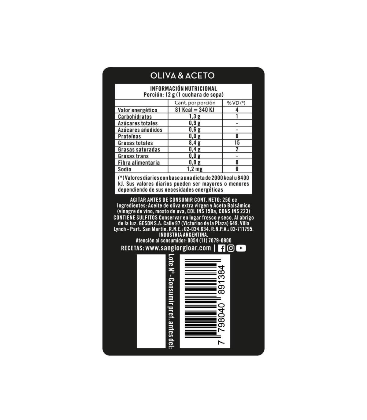 Aceite De Oliva & Aceto - 250 Ml