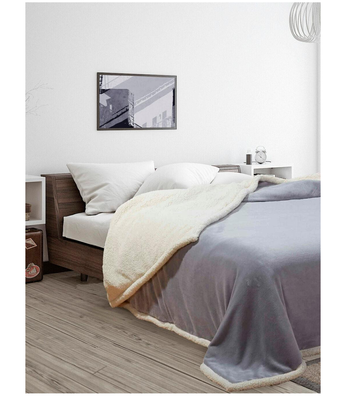 Edredón Flannel Gris Perla Corderito Queen